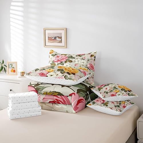 Miniatura 6 de Feelyou Juego de edredón de flores con sábanas, tamaño individual, cama de flores groovy en una bolsa, diseño de flores hippie de los años 70, juego