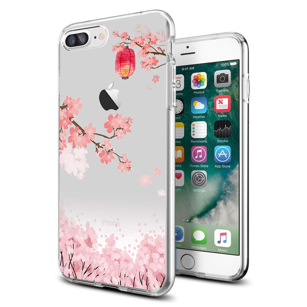 cocomong Novetly Japanese Cherry Blossom Lantern Thin Clear Solf TPU iPhone Case for iPhone 8 Plus iPhone 7 Plus 5.5 Inch for Women Girls Men