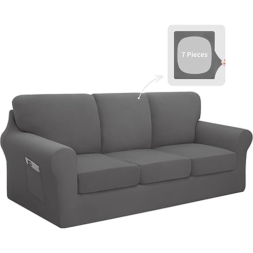 Easy-Going 7 Pieces Stretch Couch Cover Washable Sofa Cover Set for 3 Backrest and Seat Cushion Couch Anti-Slip Sofa Slipcover Furniture Protector with Elastic Bottom (Large, Light Grey)
