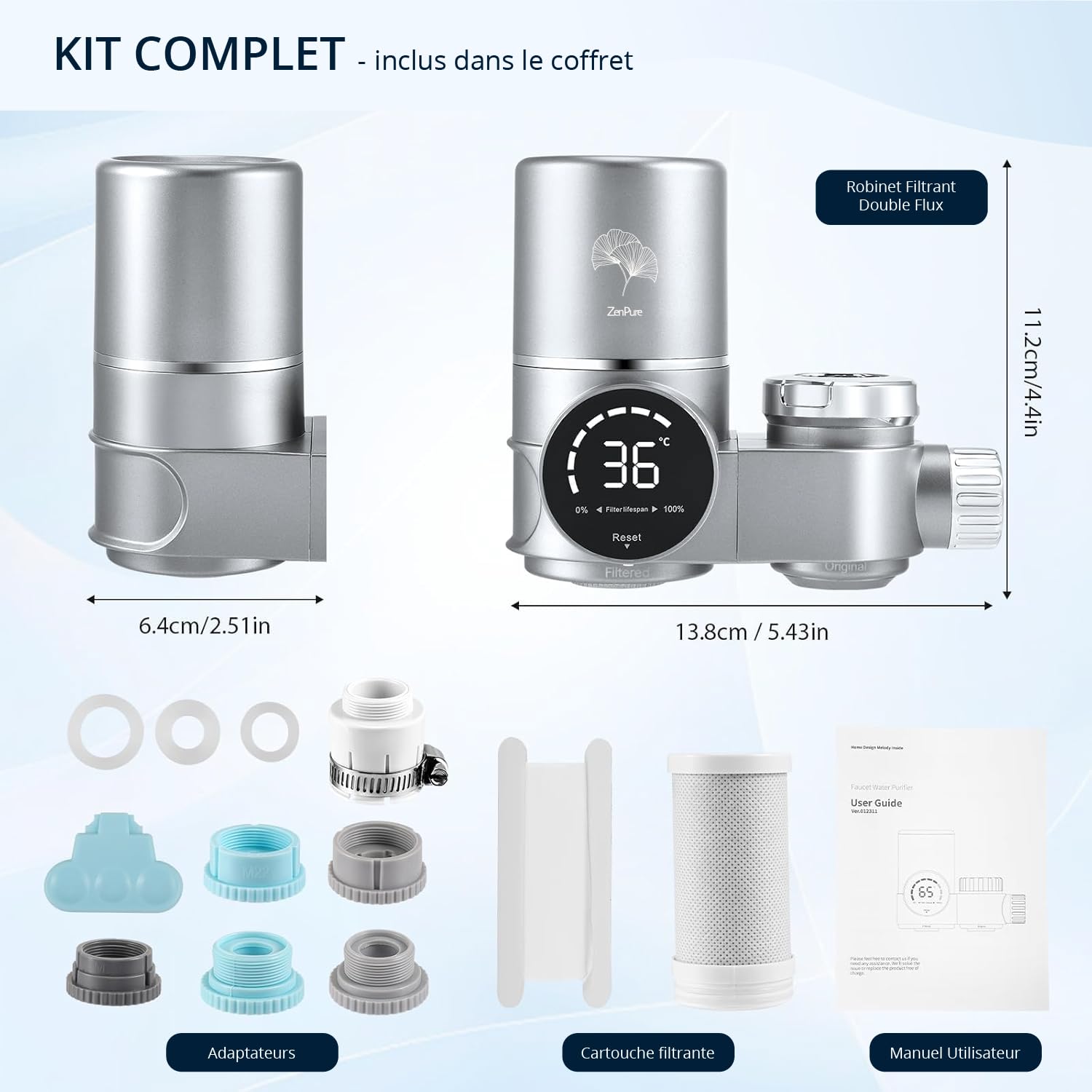 Zen Pure – Filtre Eau Robinet LED | Purificateur d’Eau Potable | Anti-Calcaire | Charbon Actif | 6 Étapes | Installation 30s | Cartouche Remplaçable – UniversZen