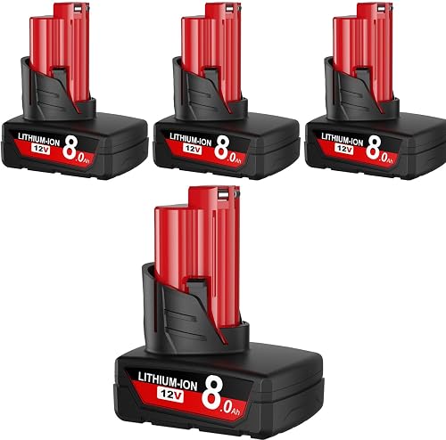 4 Pack 8.0Ah Replacement Battery for Milwaukee M12 12V Tools | Impact-resistant ABS bottom shell;6-way chip safety protection;Optimized internal heat dissipation