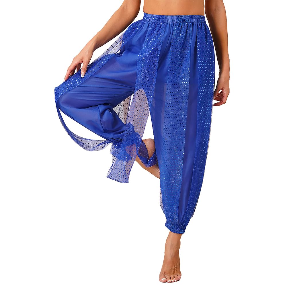 Leemiman Women's Blue Belly Dance Costume Pants Sequin Shinny Harem Yoga Pants Arabic Halloween Black Trousers (Blue)