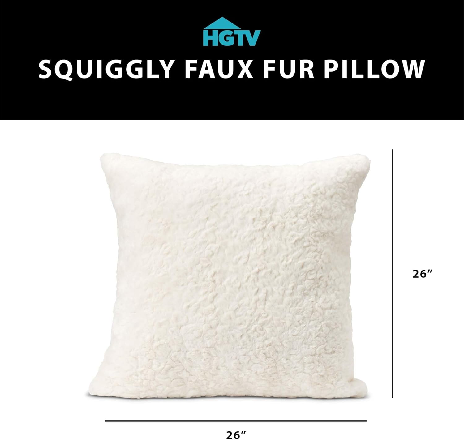 NORTHWEST HGTV Curlicue Faux Fur Throw Pillow, Ultra-Soft Wool-Like Texture, Cozy Decorative Accent for Bed, Couch, or Chair, Luxe Neutral Cushion, 26 x 26 inches, Ivory