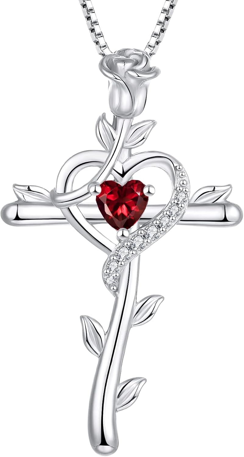 STARCHENIE Rose Cross Necklace 925 Sterling Silver Heart Crucifix Pendant Birthstones Jewelry for Women