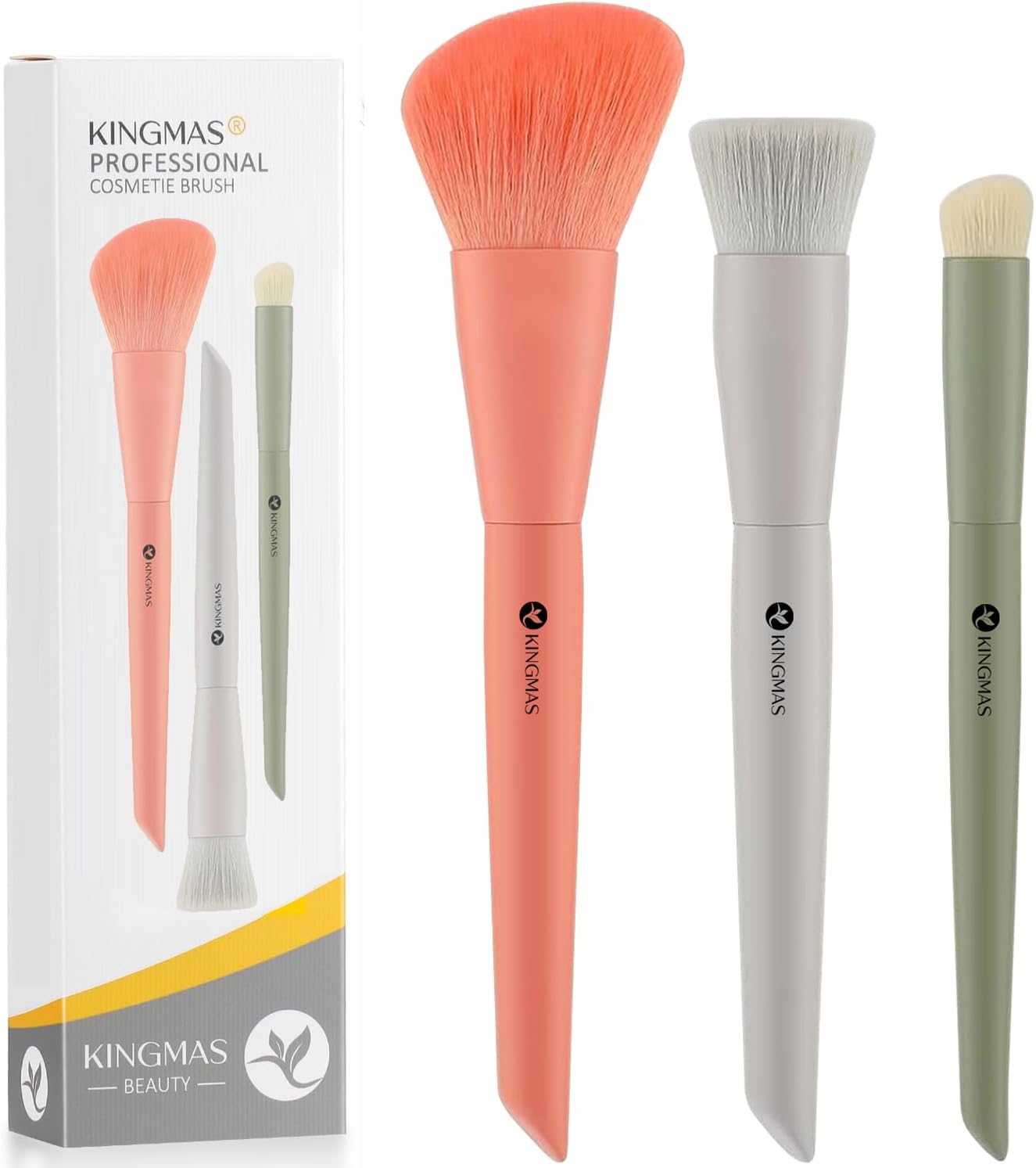 KINGMAS 3Pcs Foundation Brush Contour Concealer Brush Set, Under Eye & Blusher Brush Face Kabuki Makeup Brushes