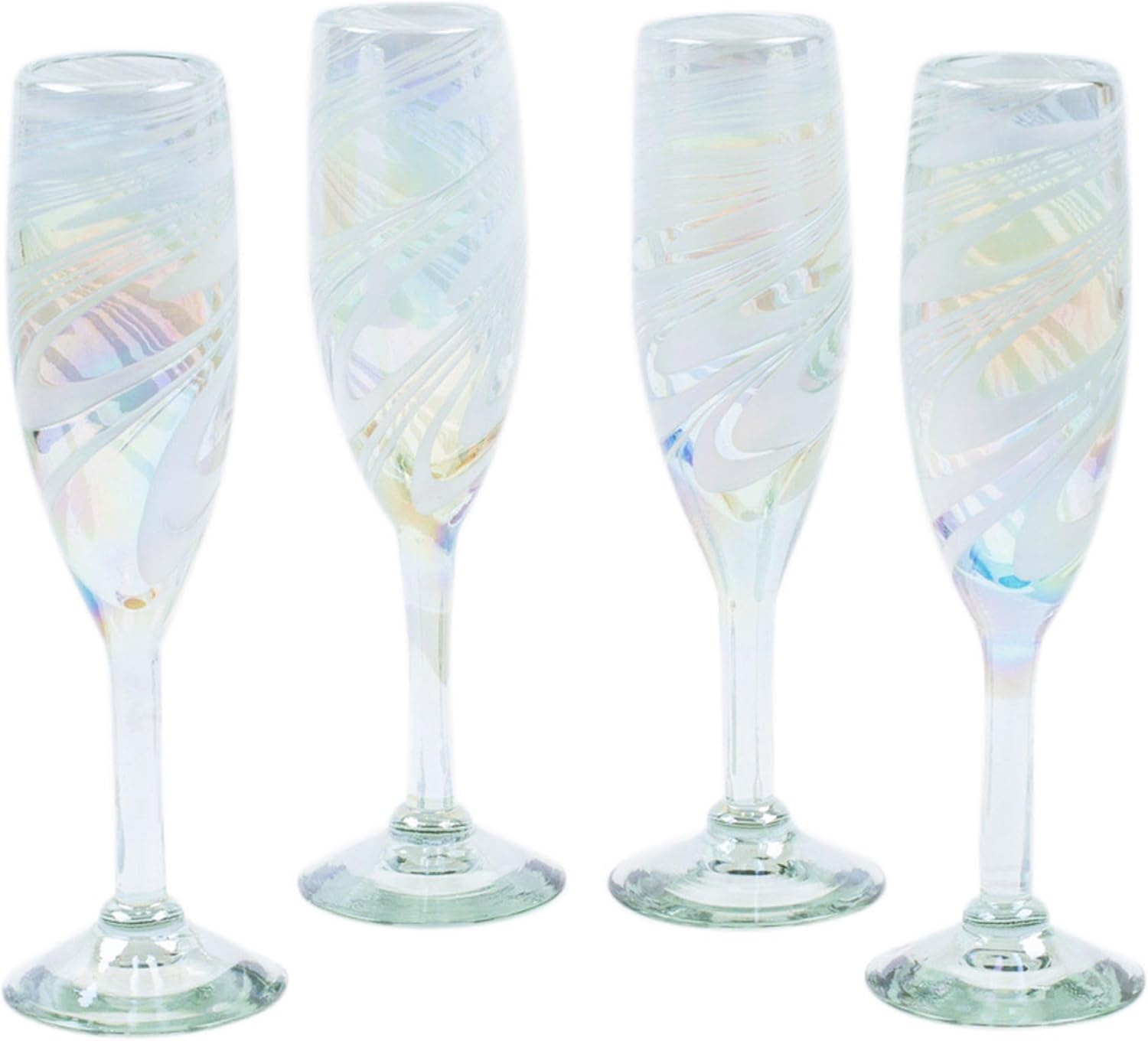 NOVICA Artisan Handmade Handblown Champagne Flutes White from Mexico Clear Glass Tableware Drinkware Recycled 'White Gala'(Set of 4)