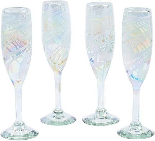 Miniatura 5 de NOVICA Copas de champán artesanales hechas a mano sopladas a mano, color blanco de México, vajilla de vidrio transparente, vajilla reciclada 'White