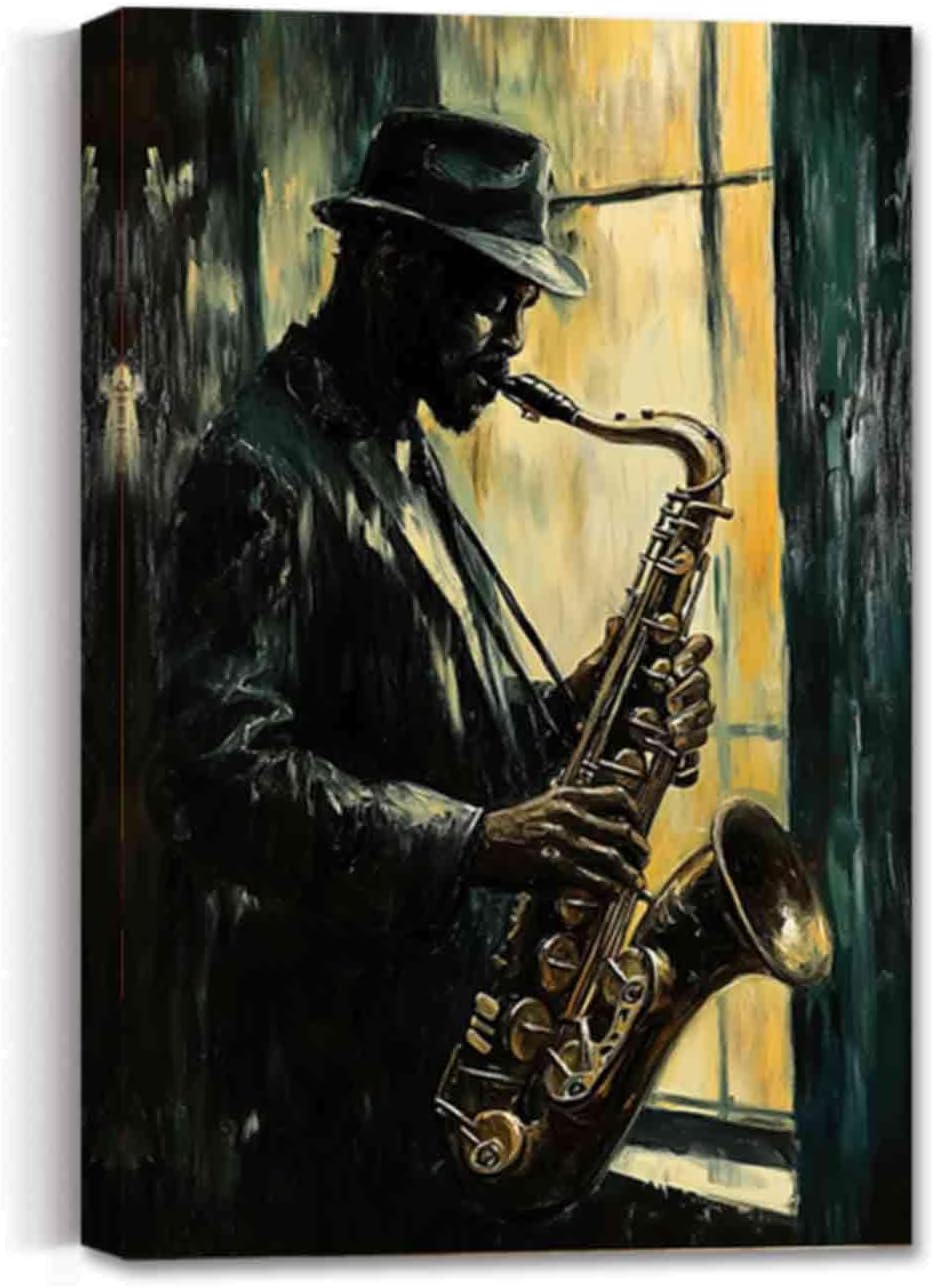 ZSHDEYMTOP Black Jazz Canvas Wall Art Saxophone Painting Abstract Black Music Picture African American Man Poster Jazz Musician Artwork for Men Bedroom Decor Framed (Brown, (18L x 12W))