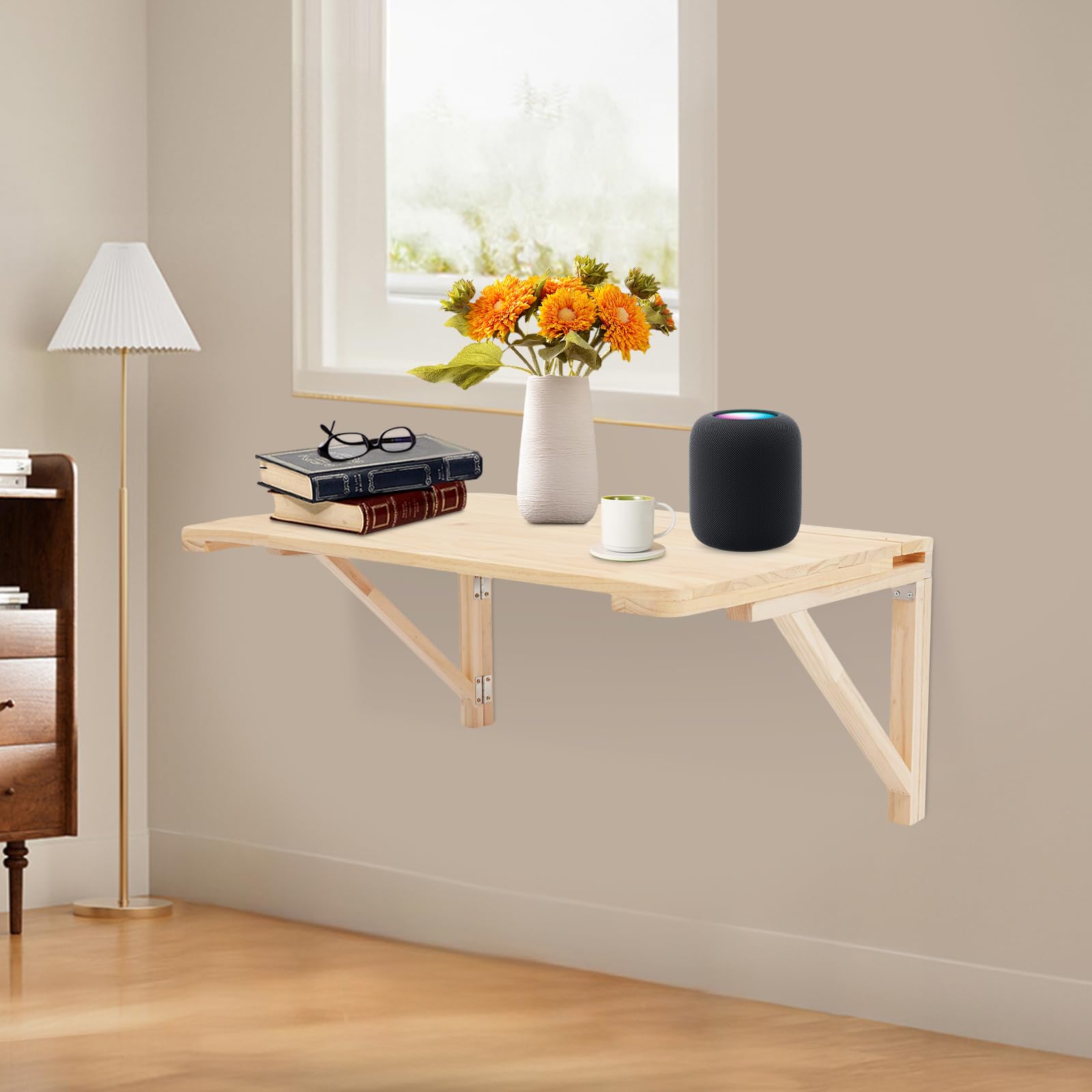 Mesa plegable de pared, de madera de pino, 60 x 40 cm, plegable y ahorra espacio, para oficina en casa, cocina, balcón, incluye accesorios de montaje (80 x 50 cm)