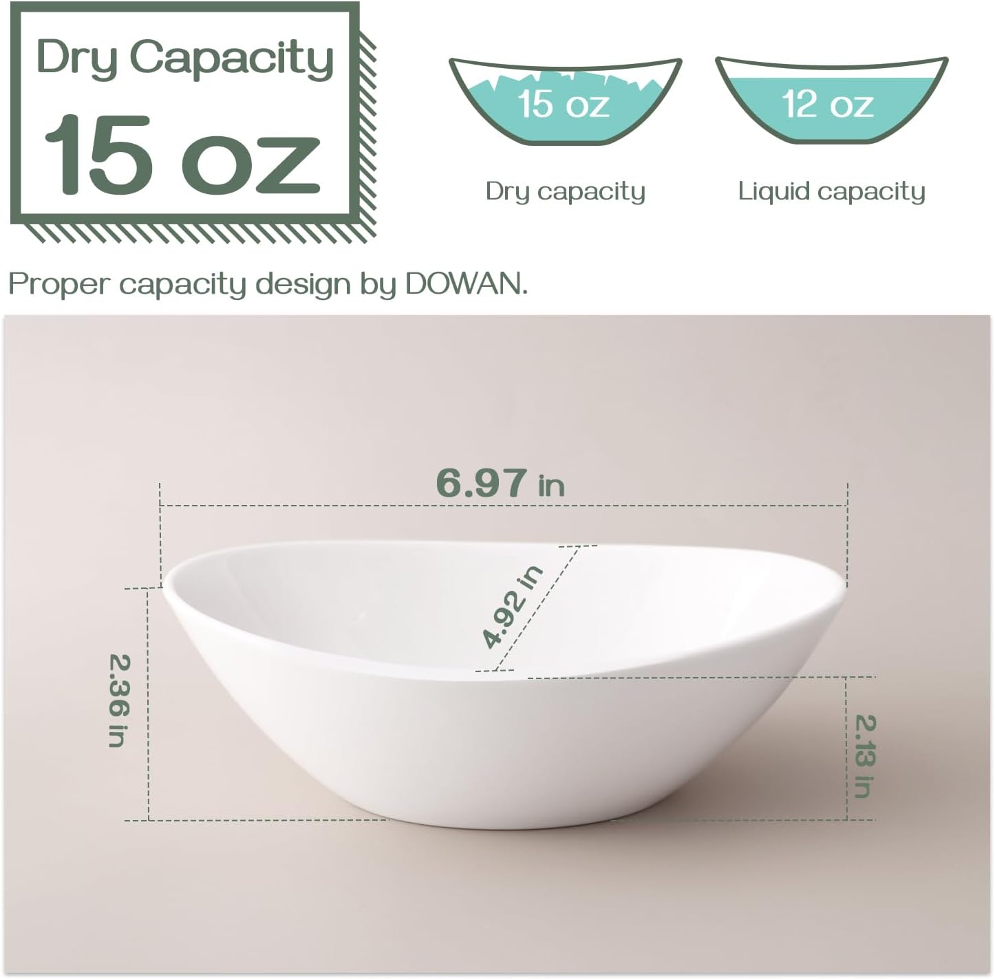 DOWAN Cereal Bowls, 12 oz White Ceramic Serving Bowl Set of 6, Oval Ice Cream Bowls for Snack Dessert Salad Pasta Soup, Microwave & Dishwasher Safe, Good Size for Garden Tea Parties