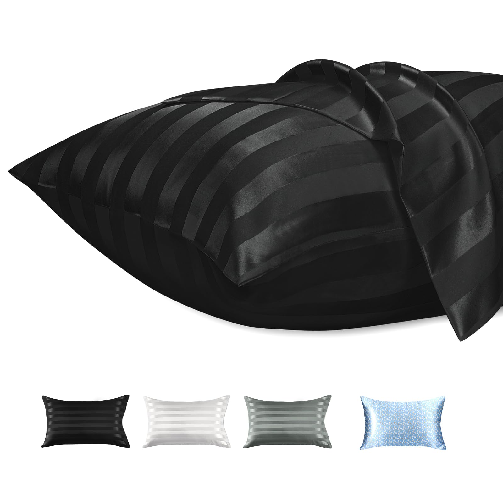 Lirex 2 Paquetes Funda de Almohada Satén 50x90cm, Suave como una Funda Almohada Seda, Fundas con Cierre de Cremallera, Protege Cabello y Piel, Rayas Negras