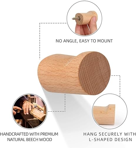 Miniatura 7 de Wood Towel Hooks, 4 Pack Coat Hooks Wall Mount, Wooden Pegs for Hanging Bag