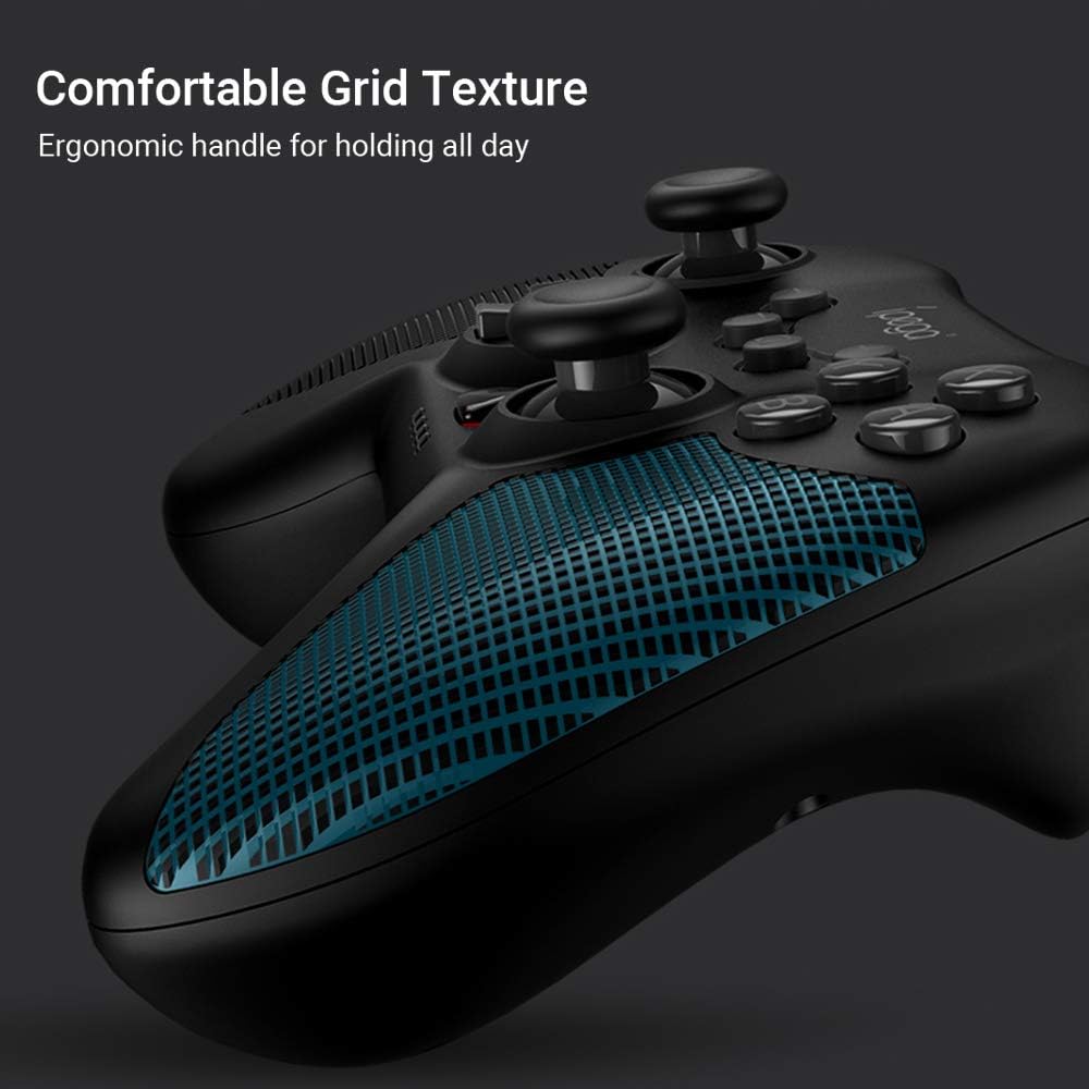 ภาพระยะใกล้ของด้ามจับตามหลักสรีรศาสตร์ที่มีพื้นผิวเป็นตารางของคอนโทรลเลอร์ iPega PG-SW020