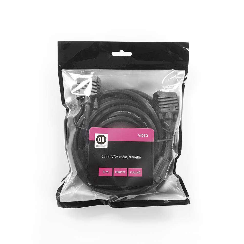 D2 Diffusion Rallonge VGA mâle/Femelle 5m Noir - avec ferrite - Full HD Vendu en Sachet Gaine 8mm