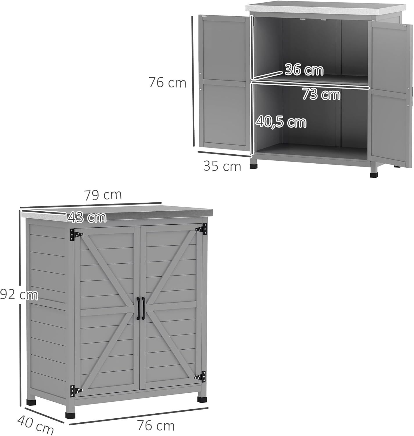 Diagram showing the dimensions of the Outsunny Garden Storage Cabinet and its internal shelf.