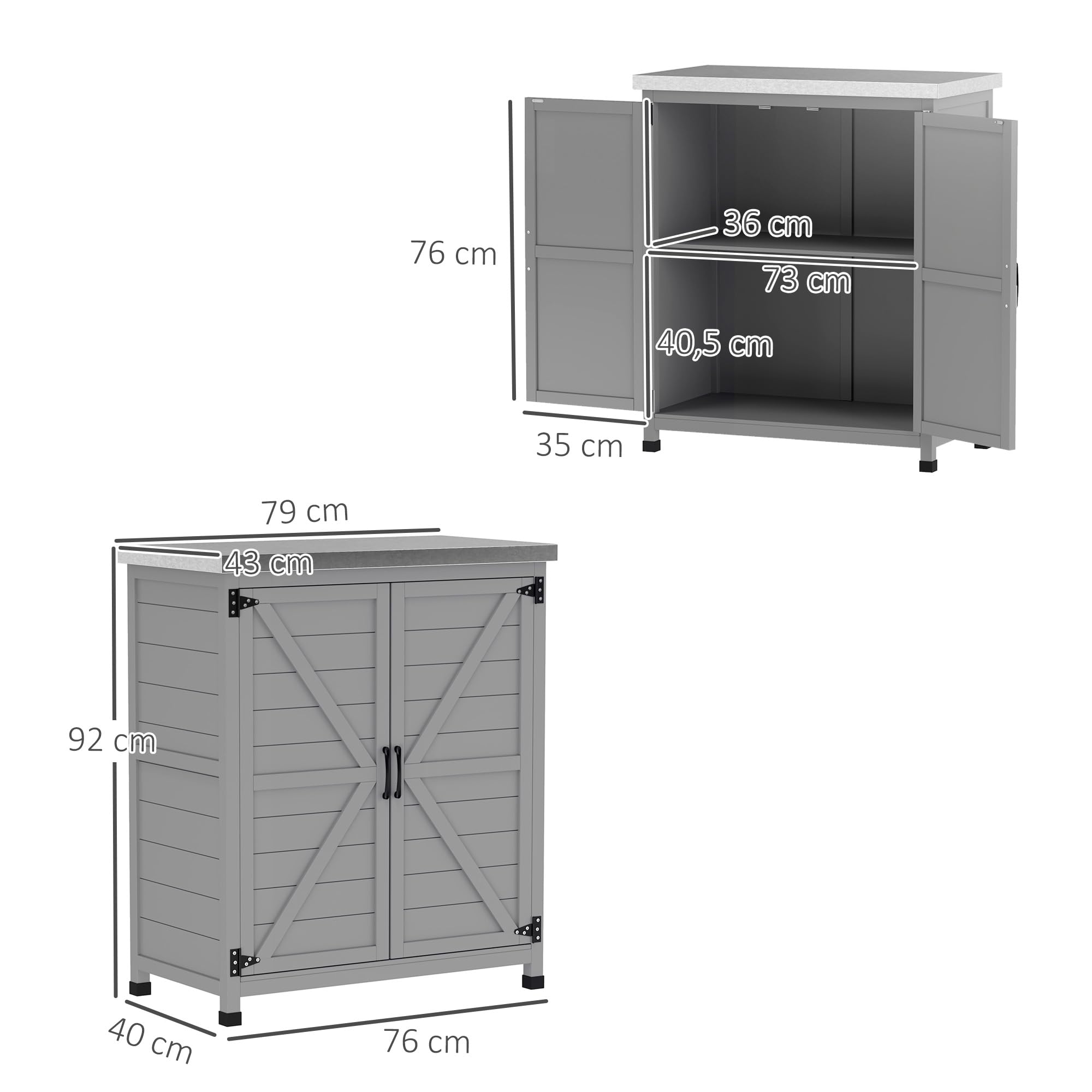 Outsunny Gartenschrank mit Pflanztisch Holz Geräteschuppen verzinkter Arbeitsplatte 2 Regalböden Doppeltür 79 x 43 x 92cm Grau