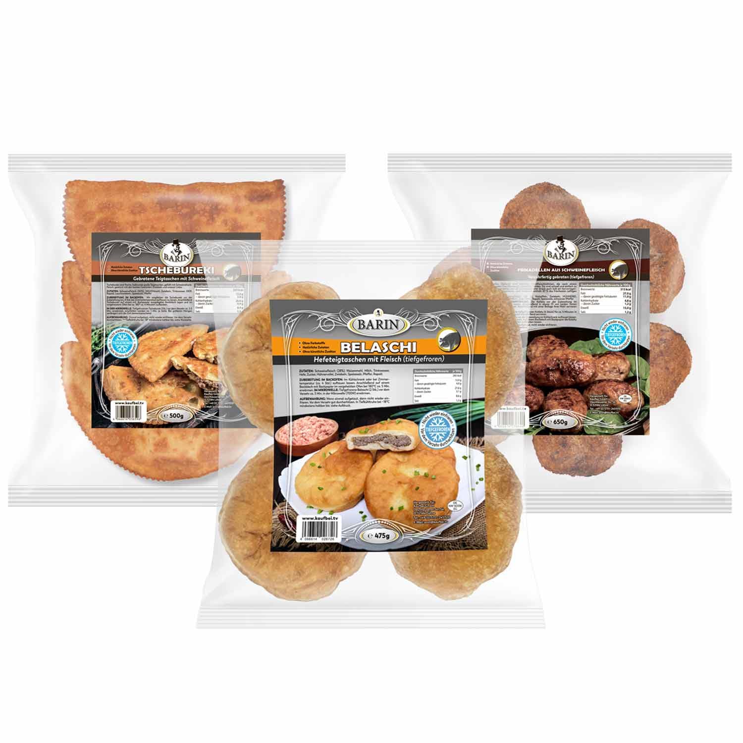 BARIN Set Trio Spezialitäten Tschebureki Kotlety Belaschi 1625g Tiefgefroren Handgefertigte Fleischgerichte mit Natürlichen Zutaten Traditionelle Rezepte Schnelle Zubereitung Ohne