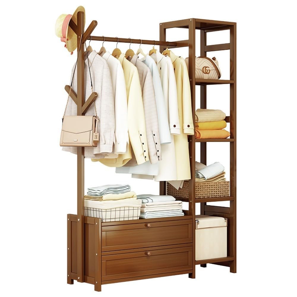 FGXHHS Bamboo Coat Rack with Shelves and Drawer, Freestanding Garment Organizer for Bedroom, Hallway, Living Room Storage