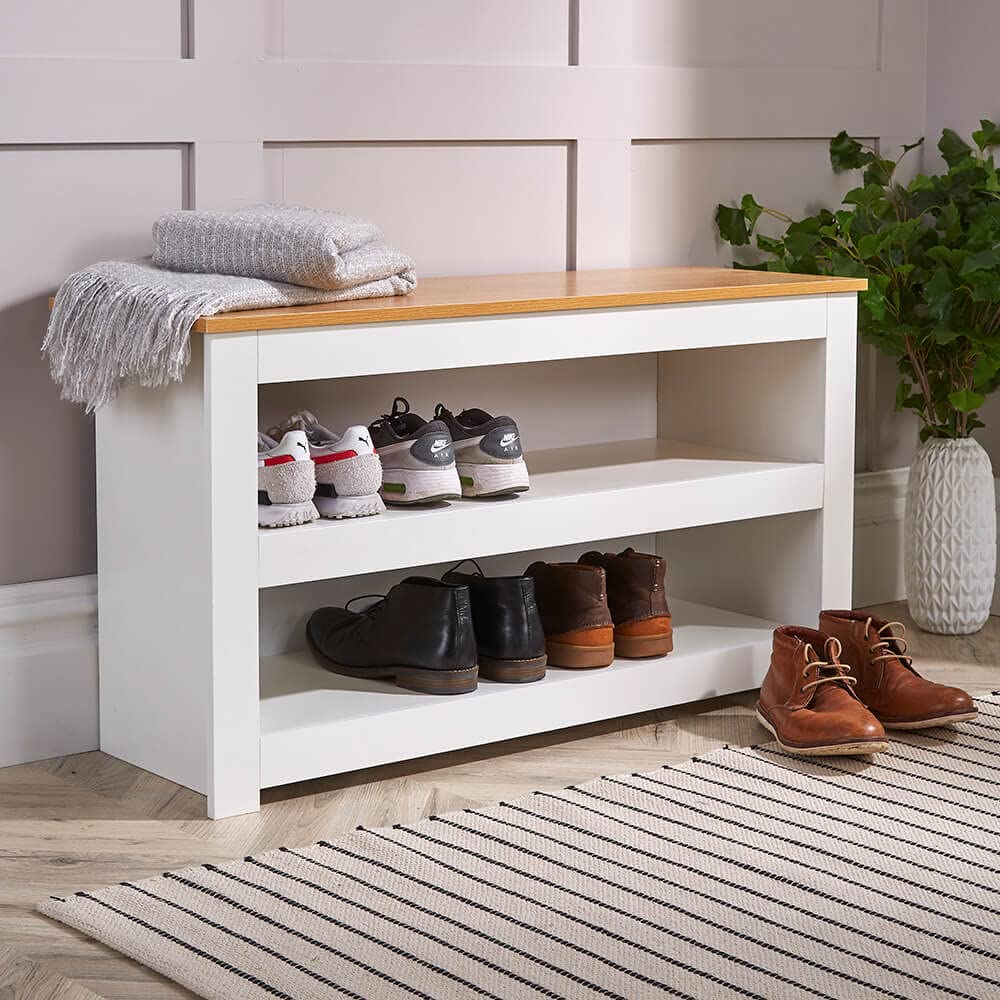 Home Source Shoe Bench Cabinet Hallway Rack Storage Cupboard, Cream, 2 Shelves