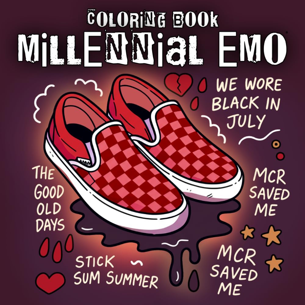 Millennial Emo Coloring Book: Throwback Nostalgia Through Pop Punk Coloring Pages Featuring Scene Aesthetics, Sad Bops, and Emotional Vibes for Adults