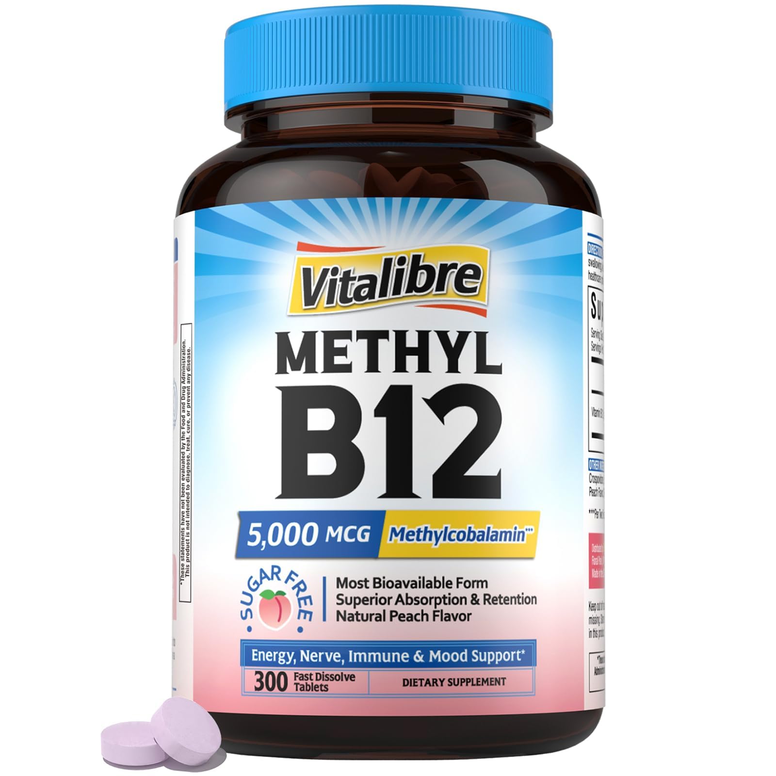 Vitalibre Vitamin B12 5000 mcg, Sublingual Methylcobalamin Peach 300 Count (Pack of 1)