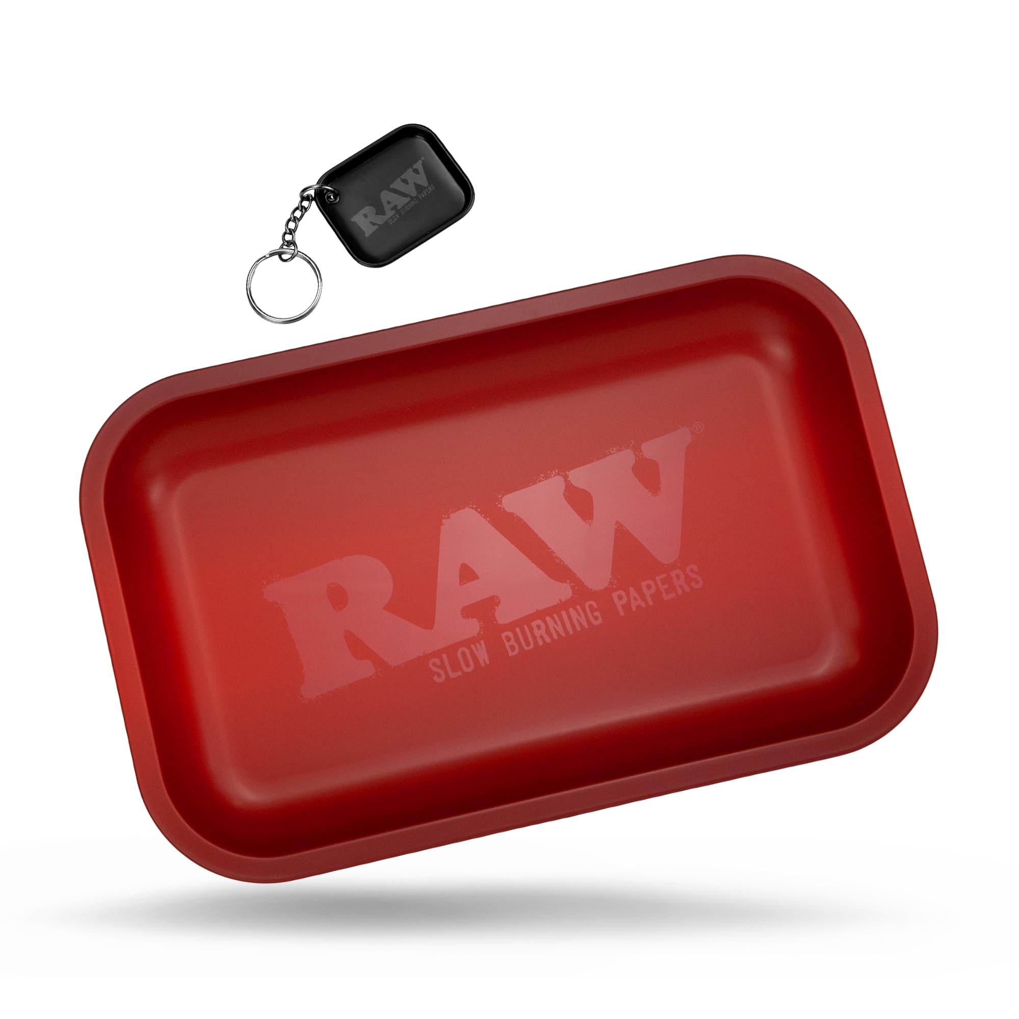 RAW Red Small Rolling Tray 11" x 7" - Limited Edition Red Finish - Elegant, Sleek and Smooth Rounded Edges with RAW Black Mini Tray Keychain by ES Distributions