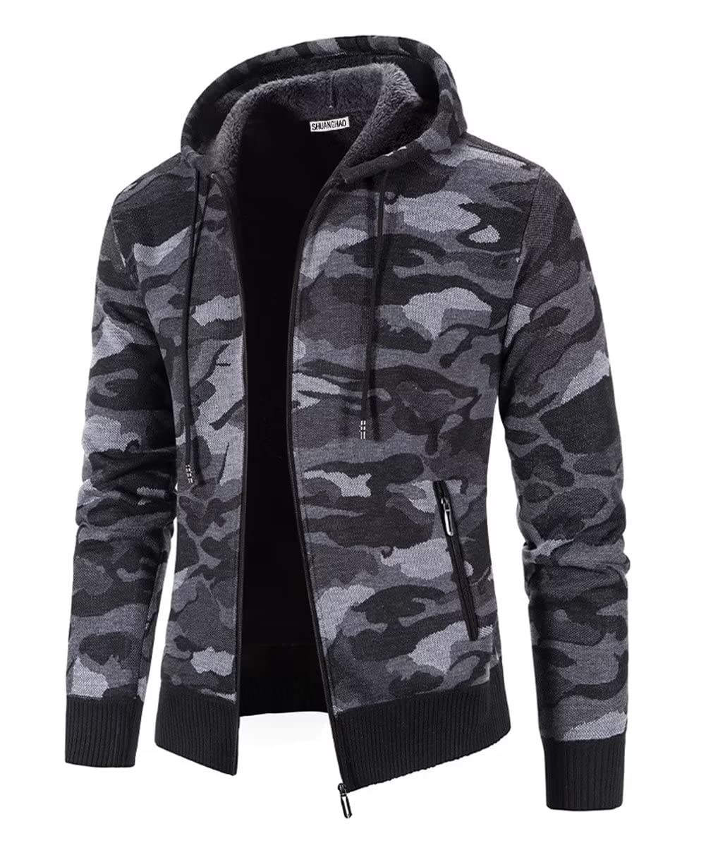 Uomo Militare Magliaone Maglioni Autunno Invernale Cardigan Giacca di Felpato Casual con Zip Cappuccio Abbigliamento Calda Morbida Elegante Outwear Tops Giacca da Volo per Uomo Grigio L