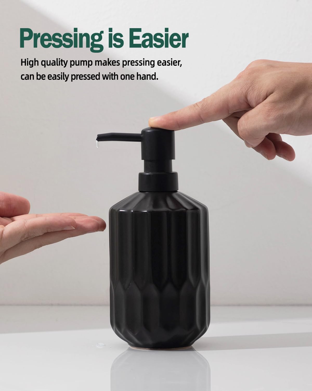 Fun Elements Bathroom Soap Dispenser, 16 Oz Luxurious Hand soap Dispenser for Bathroom, Ceramic Liquid Soap Dispenser for Bathroom Countertop with Plastic Pump, Silicone Funnel（Black Bottle） - Image 2
