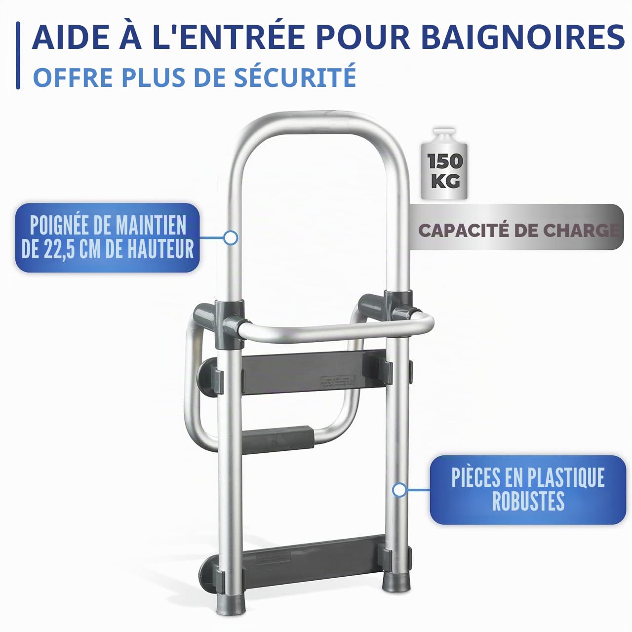 WENKO Maximex Aide à l'accès à la Baignoire Secura, Montage Facile, supporte jusqu'à 150 kg, en Aluminium résistant et Plastique Stable, argenté
