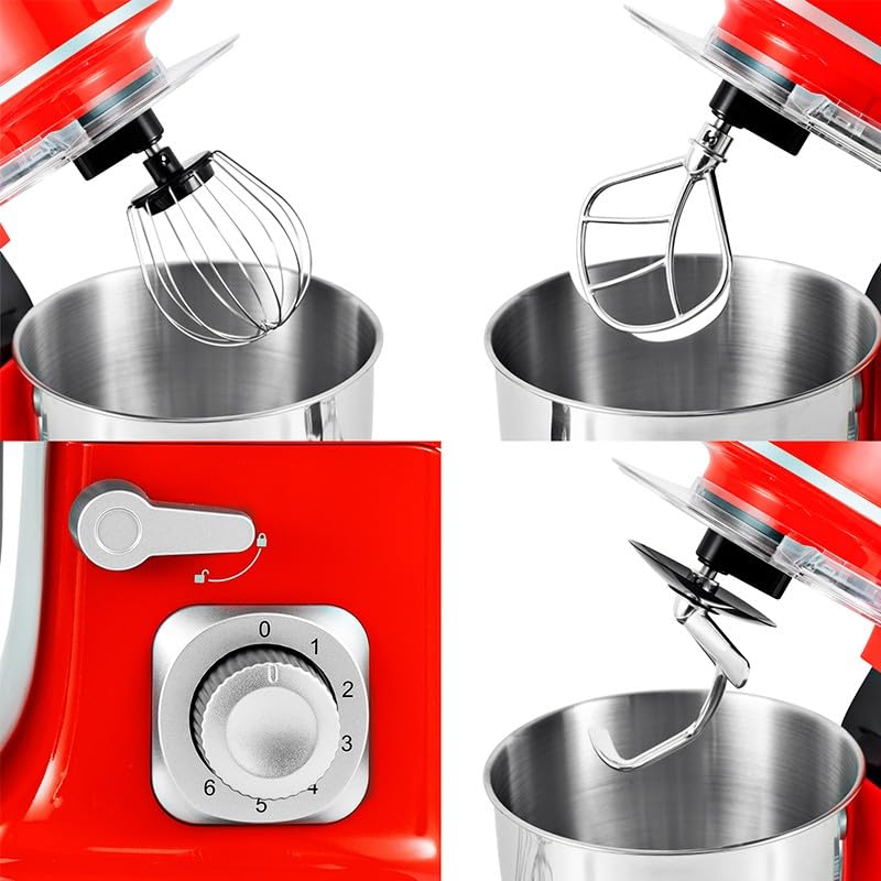 Kitchencook - Robot Pétrin 5l - 1300w - 6 Intensités - Bol Amovible Acier Inoxydable - Crochet à Pâte - Fouet à Fils - Rouge