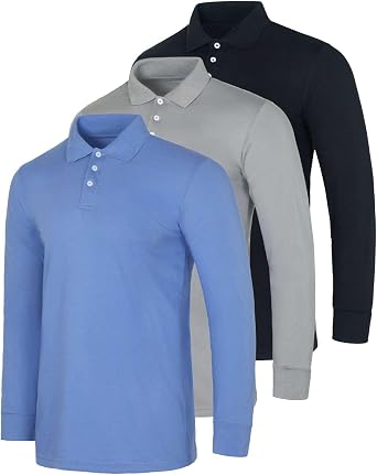 Real Essentials 3 Pack Mens Cotton Jersey Long-Sleeve Polo Shirt - Casual Workwear Office Available in Big & Tall