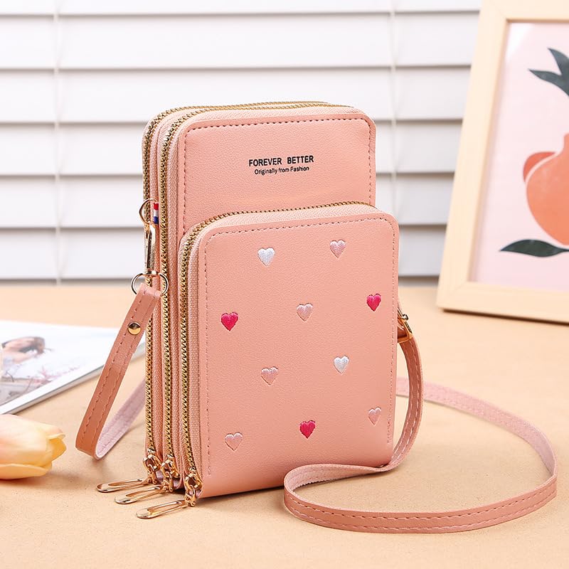 Touch Screen Mobile Phone Bag, Mini Heart Embroidery Crossbody Bag, Multi-Layer Shoulder Coin Purse Valentine's Day gift3