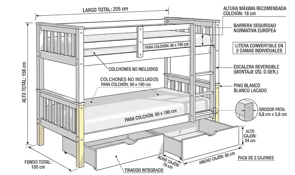 Genérico MUEBLESYA Litera Doble de Pino con Patas de 5,8x5,8 cm, 2 Camas 90x190 cm con Pack de 2 Cajones Inferiores, Estabilidad Reforzada y Escalera Reversible, Blanco Lacado (con CAJONES) | Madera de Pino
