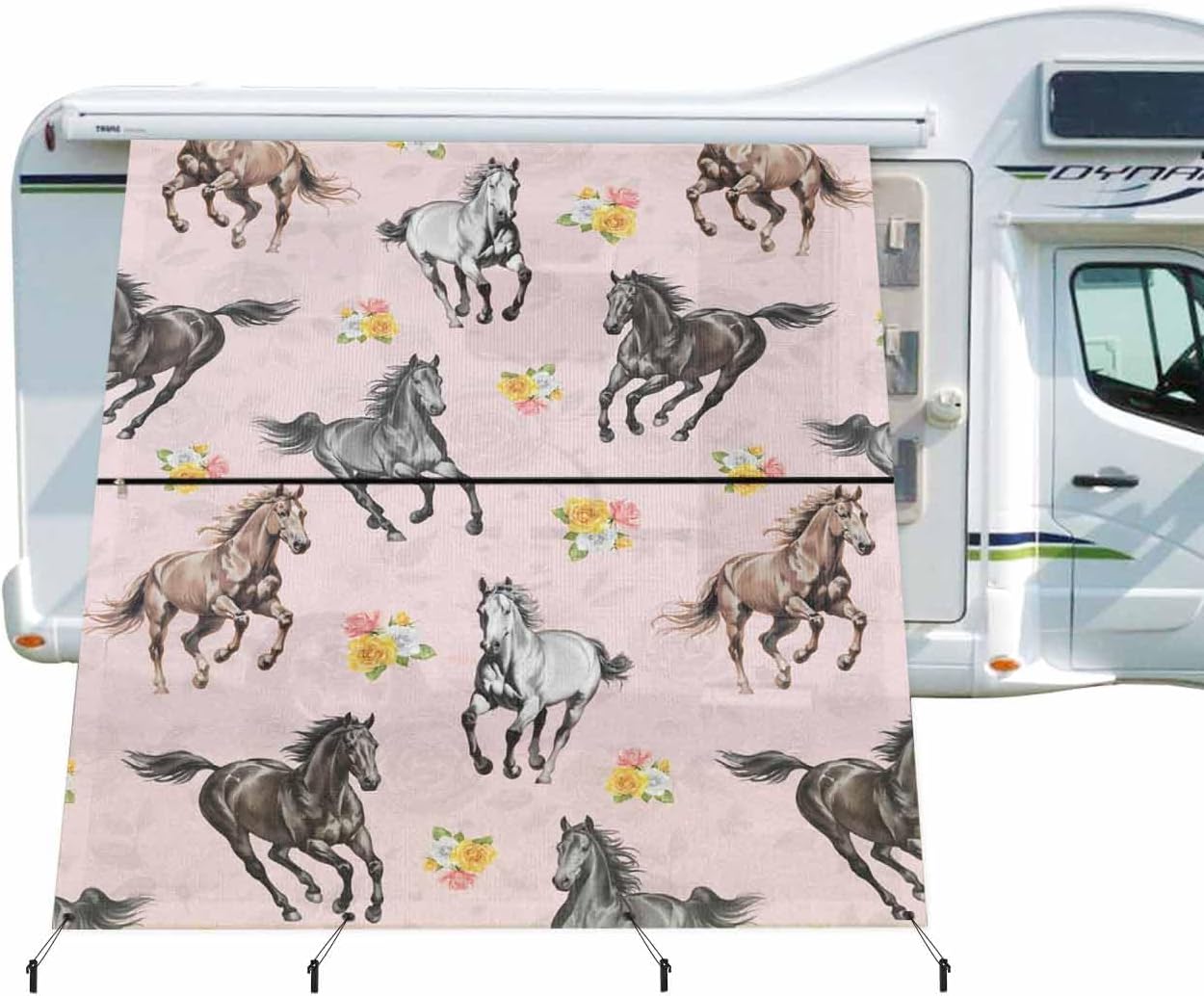Horses RV Awning Sun Shade Screen 9' x 7' Watercolor Black Brown White Horse Yellow Pink Floral Pink Mesh Shade Screen with Zipper UV Blocker Awning Shade Completed Kits for Motorhome Camper Trailer