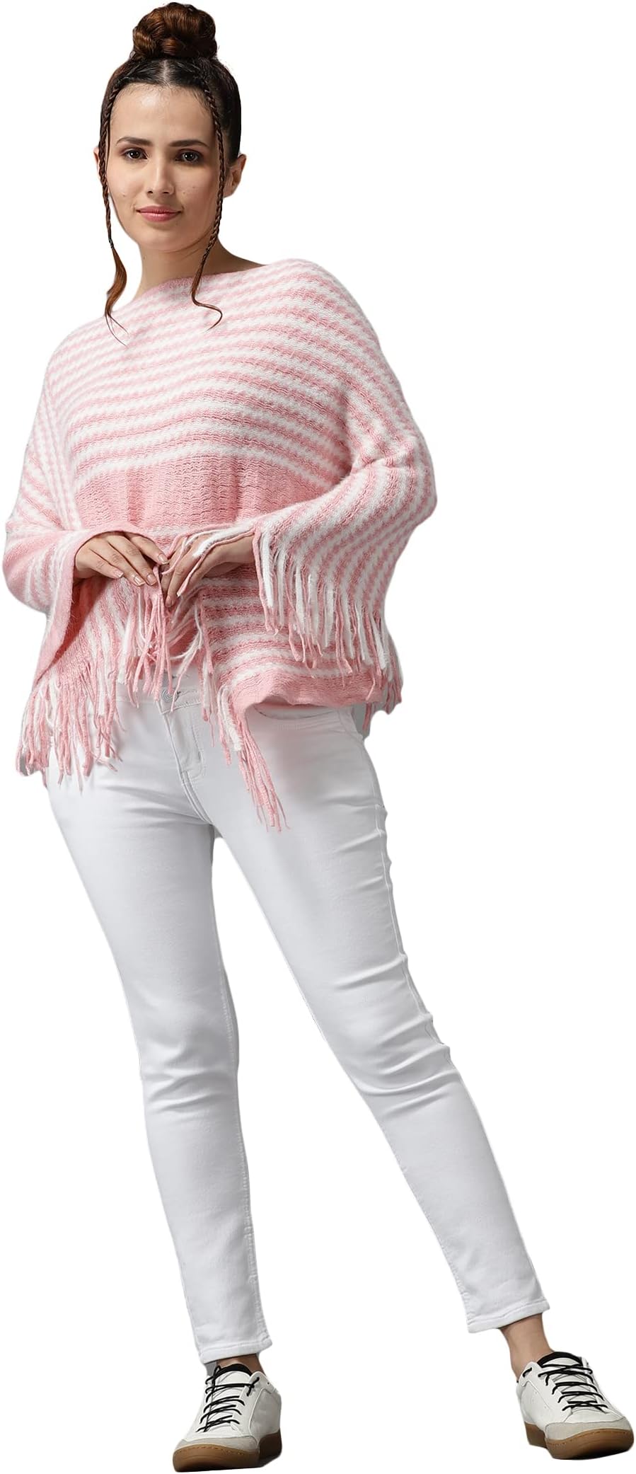 SHOWOFF Women's Sleeveless Longline Pink Self Design Poncho-BLR-9929_Pink