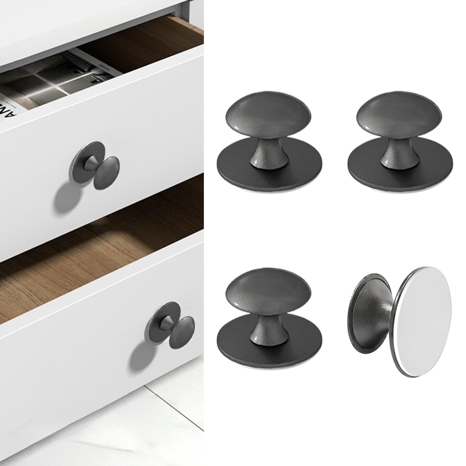 Boutons de placard adhésifs gris pour ouvrir vos tiroirs sans percer le bois