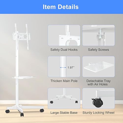 Miniatura 7 de suptek Carrito de TV móvil blanco para televisores de pantalla LCD LED planacurvada de 21 a 60 pulgadas, Max VESA 400 x 400 con estante para laptop