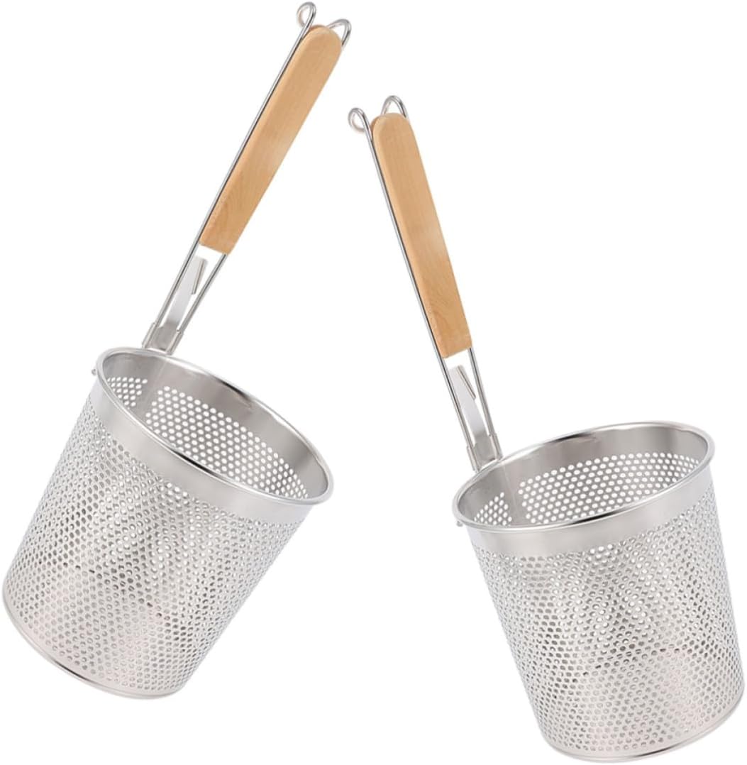 2pcs Stainless Steel Mesh Pasta Strainer Basket with Wood Handle, Perforated and Stackable Design, Easy Noodle Cooking Tool for Ramen and Dumplings, Sturdy High Temperature