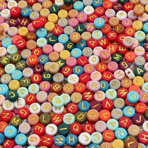 Amaney 1000pcs 4x7mm Round Letter Beads Colorful Acrylic with Gold Letter Alphabet for Jewelry Making