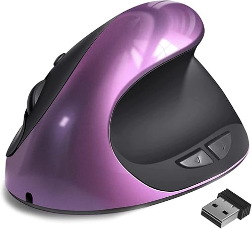 Ratón ergonómico, pequeño mouse vertical recargable con 6 botones ajustables 80012001600 DPI mouse inalámbrico morado para laptop, escritorio, PC,