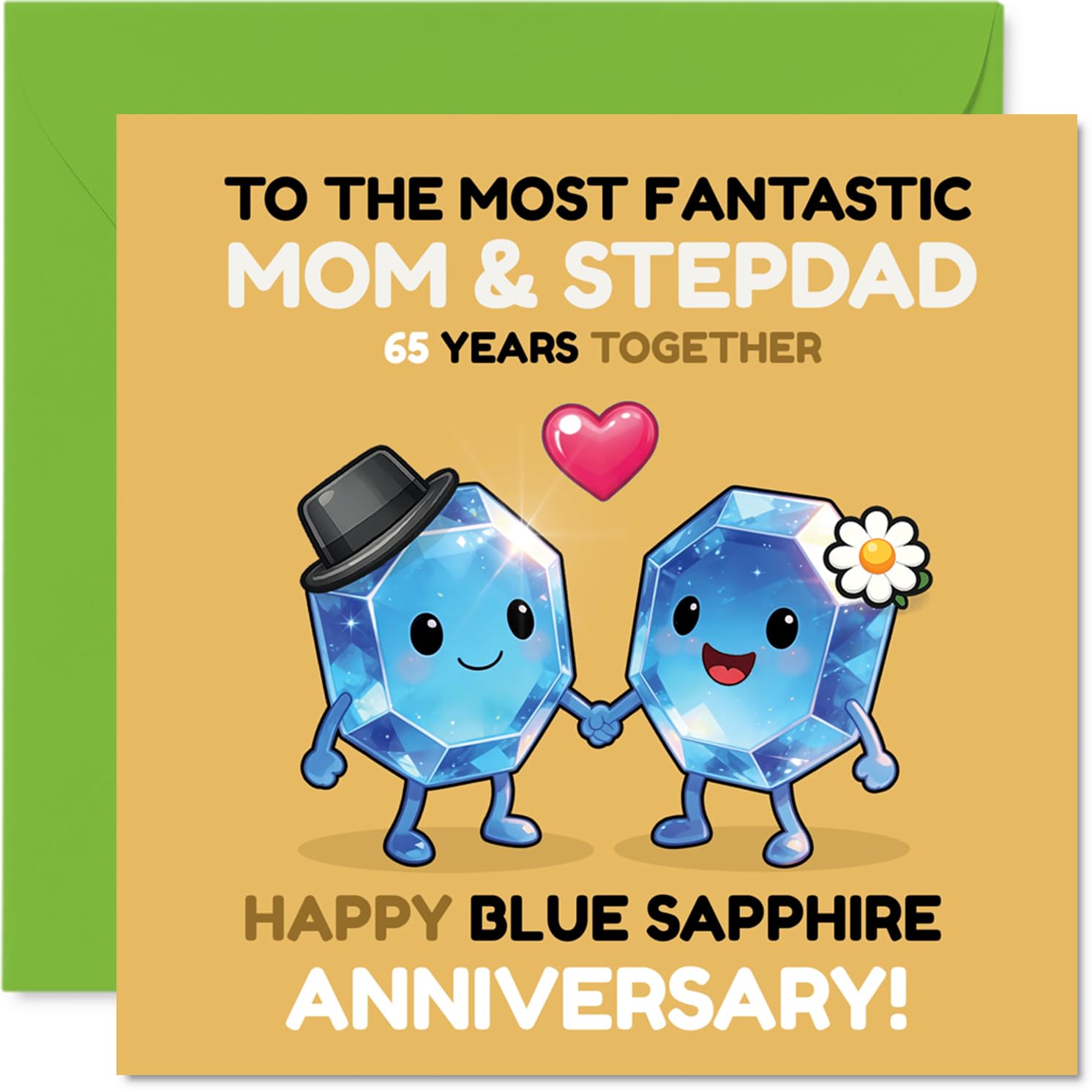 Milestone 65th Anniversary Card for Stepdad & Mum - Sparkling Together for 65 Years - Cute Gemstone Duo with Bright, Cheerful Colours - 145mm Square, Envelope Included