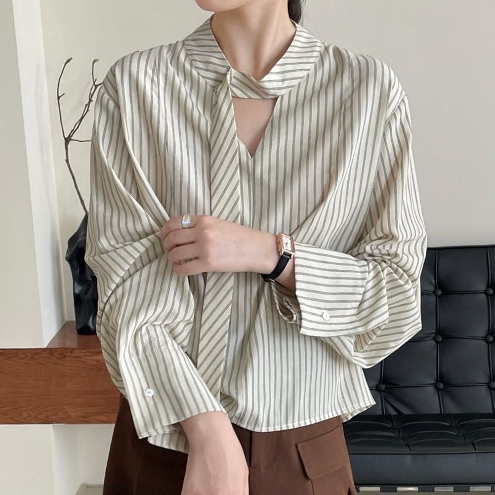 Blouses Élégantes Pour Femmes À Col Ruban Manches Longues Ajourées Fluides Rayées Pour Le Travail En Automne