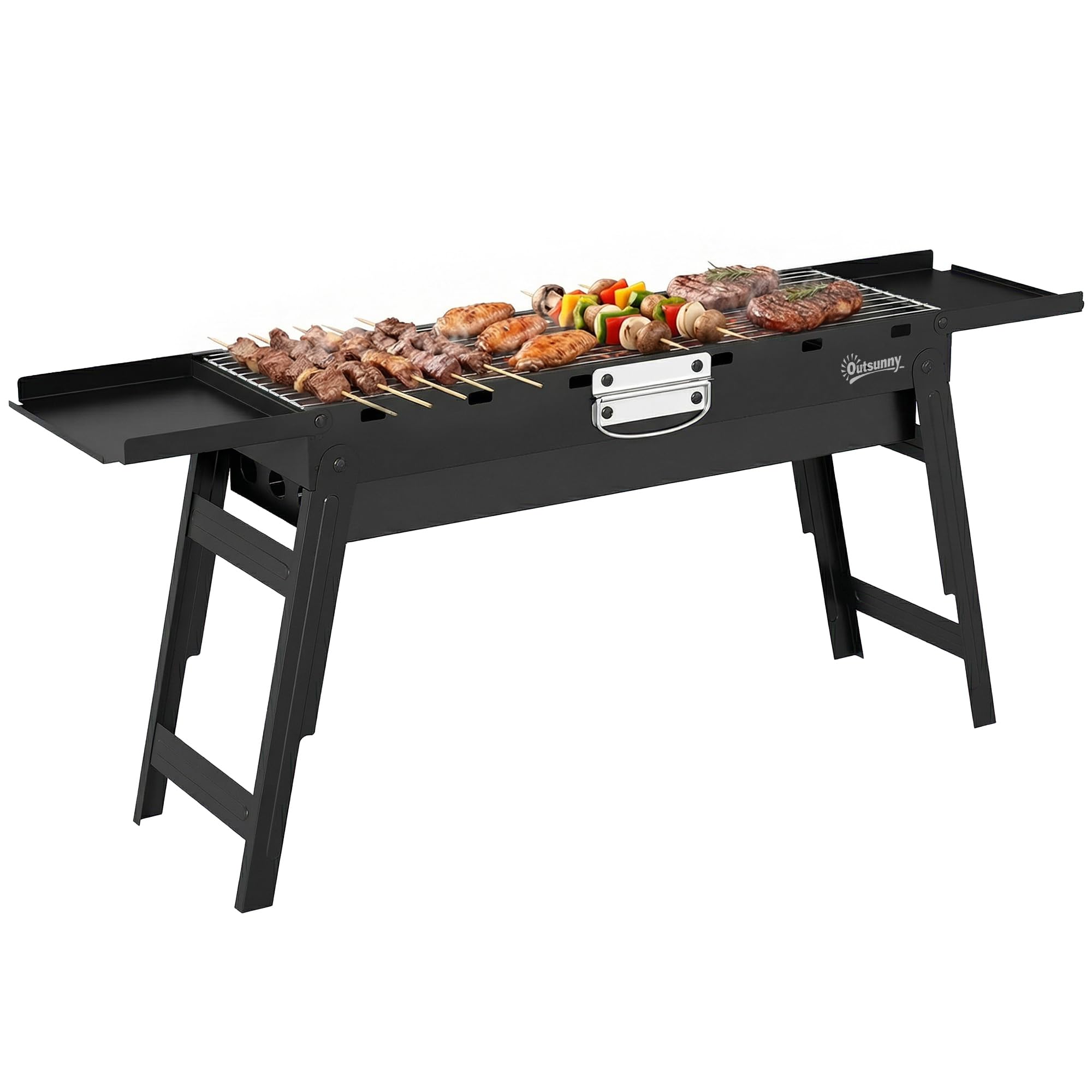 Outsunny Portable BBQ Grill, Foldable Charcoal Grill for Camping and Picnics, Charcoal Barbecue with 2 Side Shelves and Handle, Black