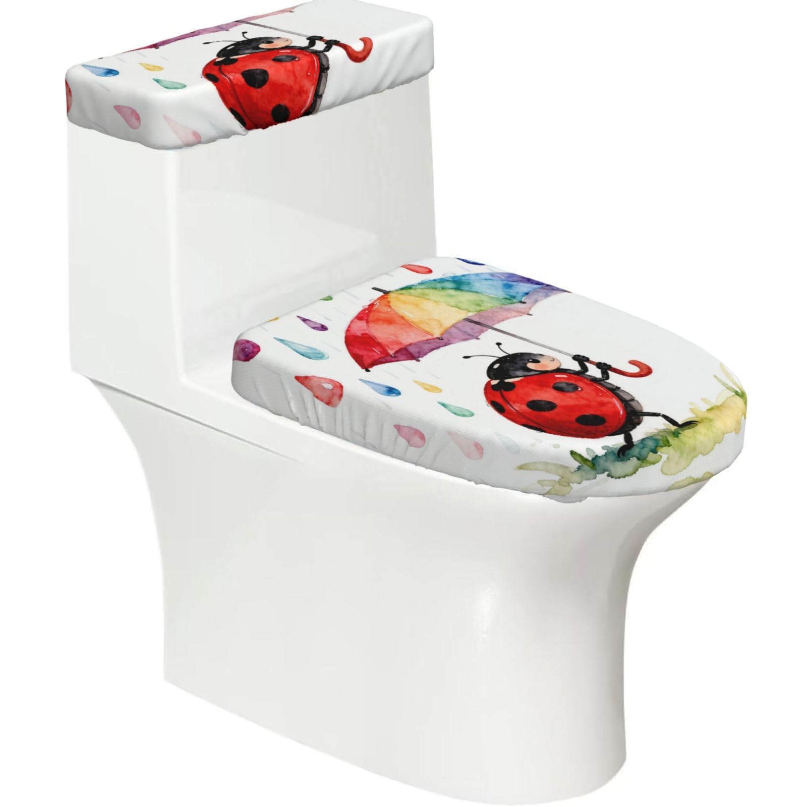 Ladybug's Umbrella Elastic Toilet Cover Set of 2-Stretchy Lid and Tank Covers for Bathroom, Soft Washable U Shape Toilet Decor