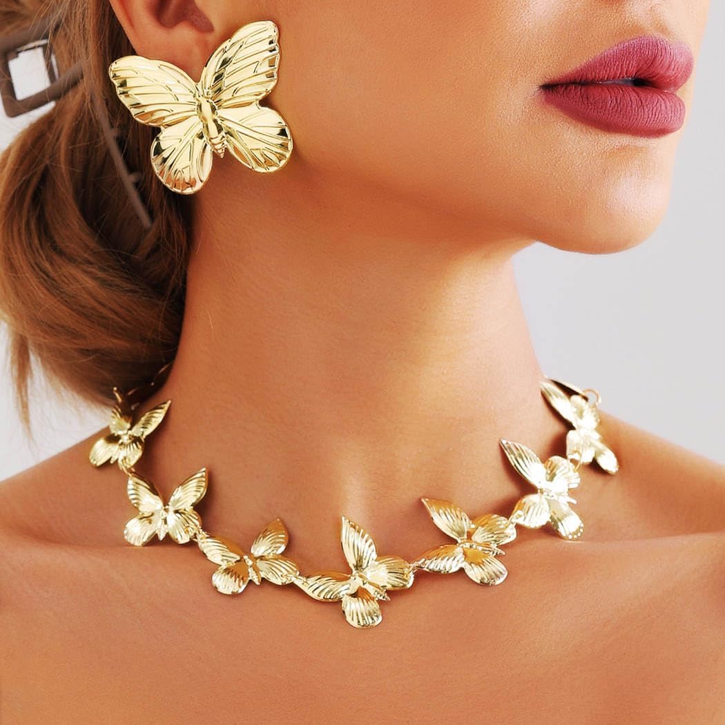 Sixexey African Necklace Set Chunky Gold Necklace Earrings Butterfly Chain Necklace Jewelry for Women - Image 3