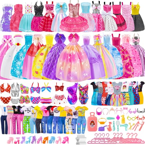 110 Pcs Doll Clothes and Accessories - Doll Dress up Toys for Girls with Wedding Dresses, Casual Dresses, Casual Jumpsuit, Swimsuits Bikini, Glasses, Shoes, Hangers, Doll Clothes Toys for Girl Gift