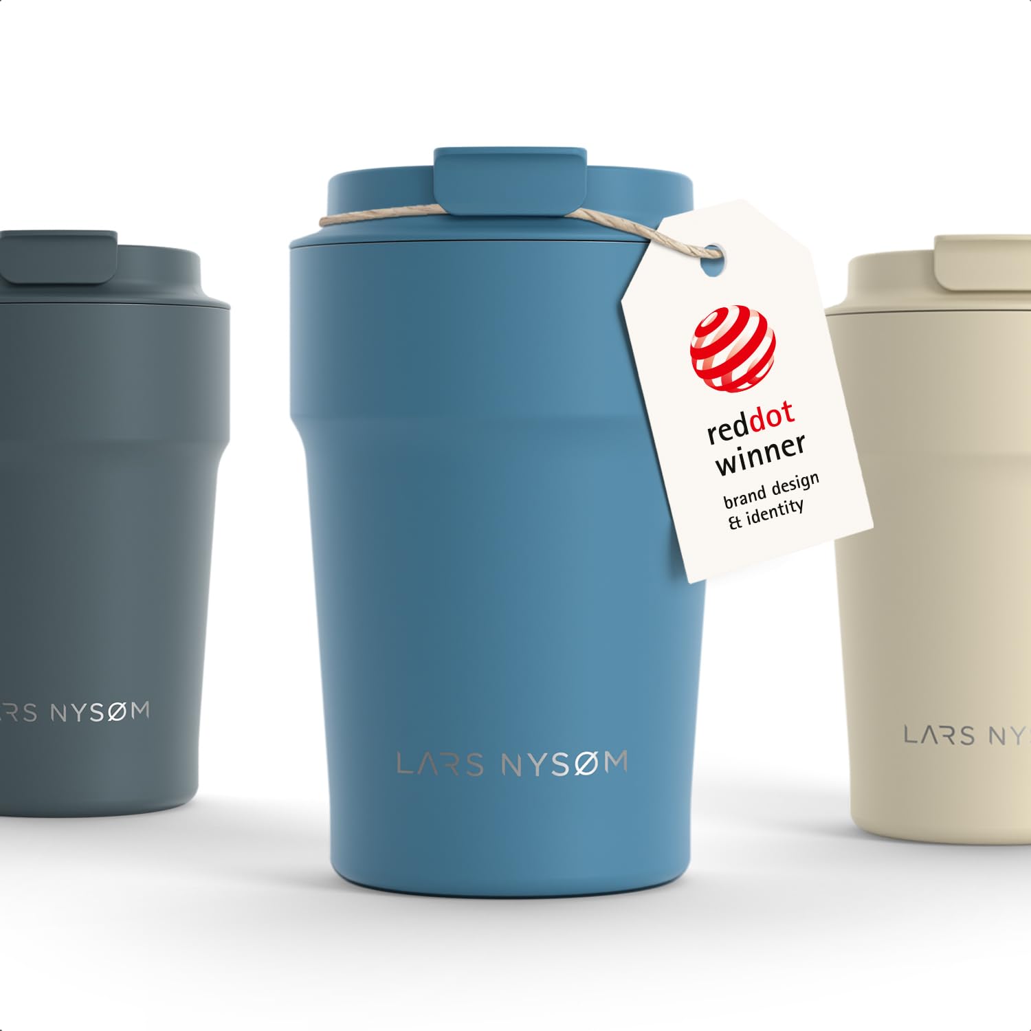 LARS NYSØM Thermo Coffee Mug-to-go 13oz | Travel Mug 0.38 L with Insulation | Silicone Grip Base | Leak Proof Stainless Steel Tumbler for Coffee and Tea on the Go (Calypso Blue - Powder, 380ml)