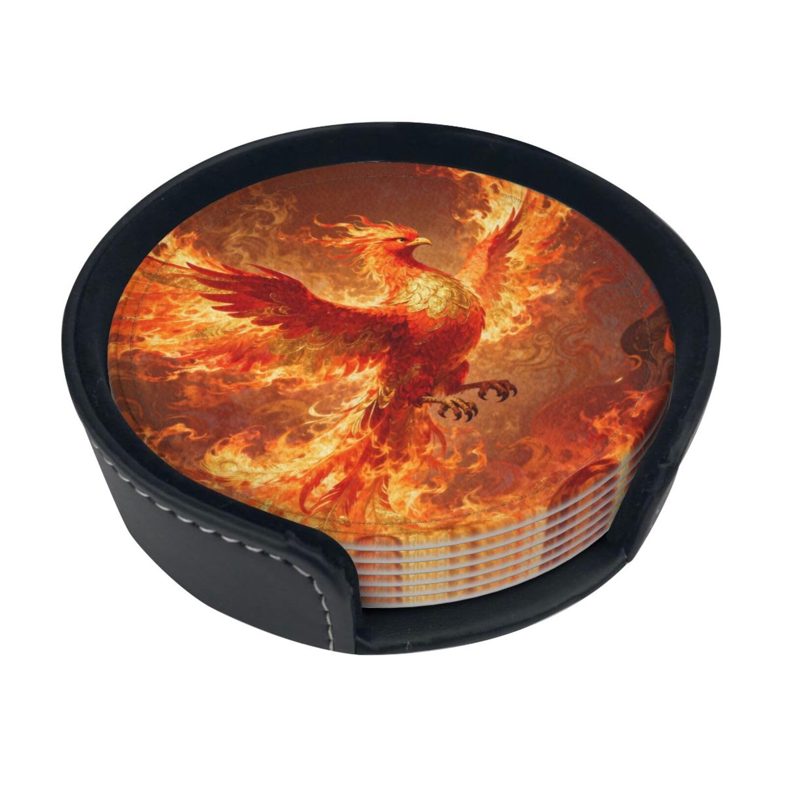 Cntdbu White Phoenix Rebirth Leather Coasters Set Of 6-Pu Leather Drink Mats For Table, Heat Resistant Round Coasters With Holder