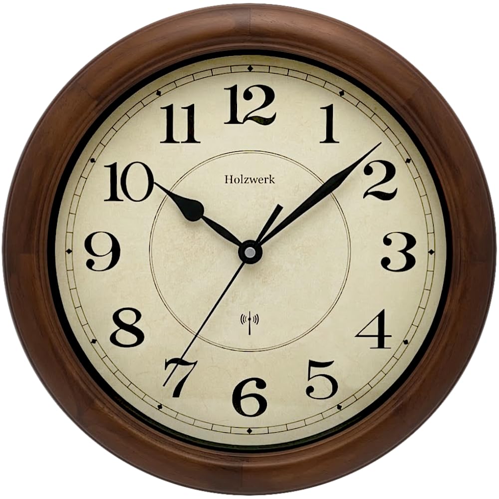 Holzwerk(Funk) 35 cm Natur Vintage Retro Holz Funk Glas Rund Wanduhr Holz-Uhr Funkwanduhr Funkuhr nahezu lautloses Uhrwerk Massivholz 14 Zoll Braun Beige große Ziffern (HW.Braun.)