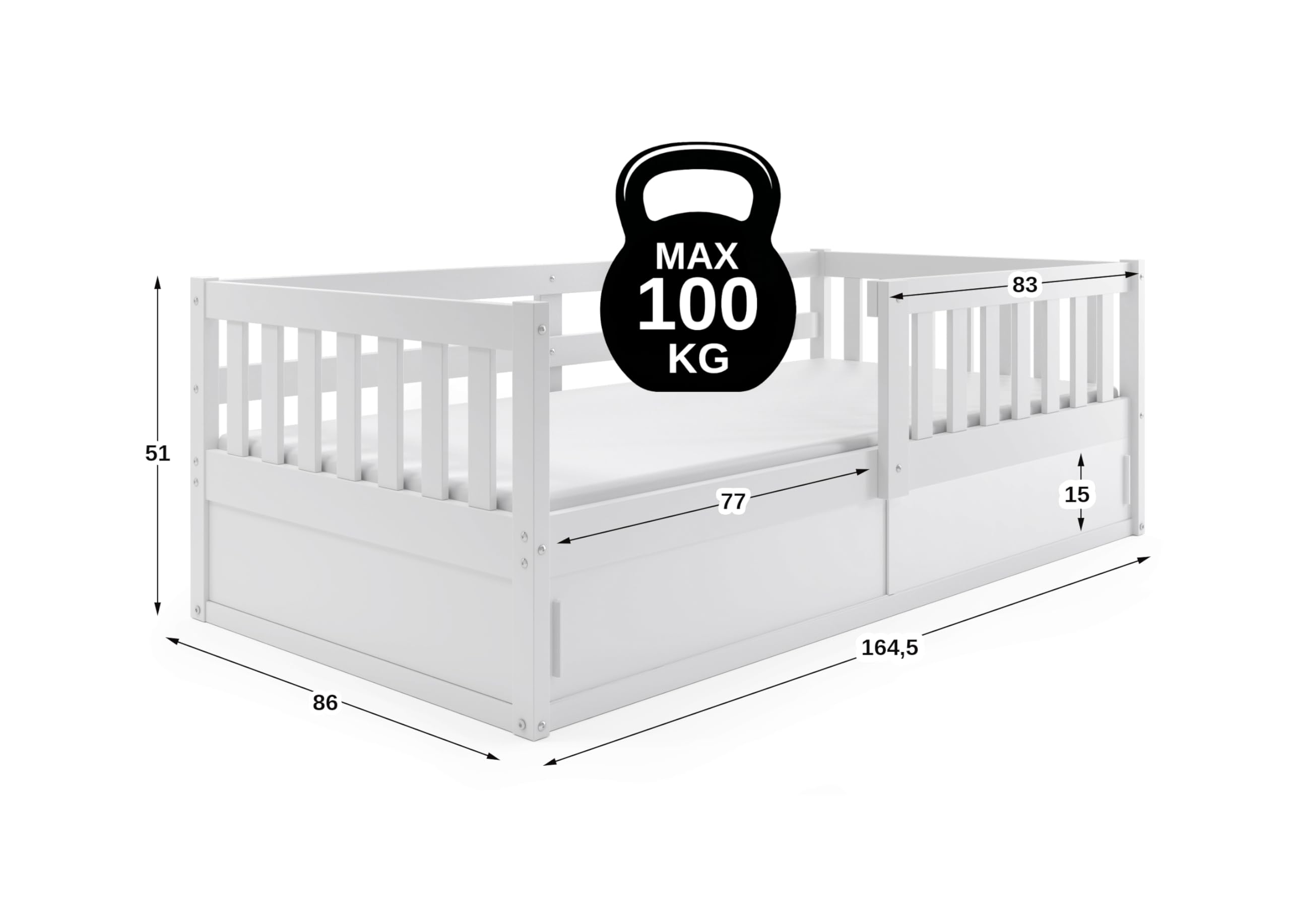 Interbeds Kinderbett 80x160 cm aus Holz in Weiß mit Rausfallschutz – Montessori Bodenbett mit Schutzbarriere und Stauraum, Kinderbett für Jungen und Mädchen, Naturholz Smart (weiß)